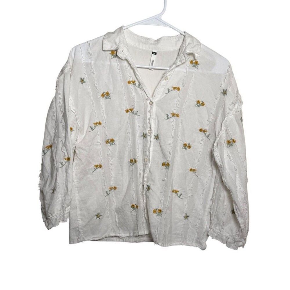 Sybilla Blouse Women's Medium Textured Button Up Collared 3/4 Sleeve Top